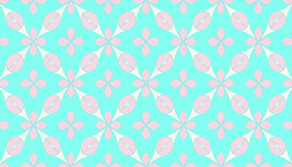 Soft pastel seamless pattern featuring a cute geometric floral design in light pink and turquoise, creating a charming and decorative background