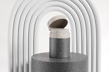 Airless lotion bottle with flip top cap mockup, round airless pump skincare packaging, cylindrical plastic cream jar container, cosmetic bottle with pump dispenser, organic earthy cosmetic concept