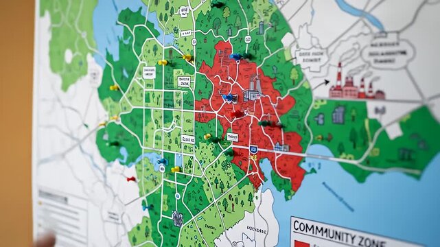 Detailed map with color-coded sections & pushpins affixed to a wall next to a bulletin board