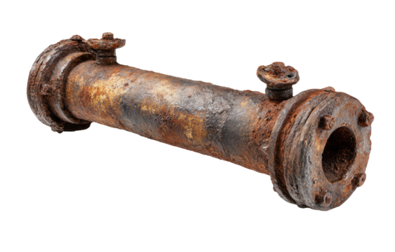 Corroded, rusty metal pipe with fittings