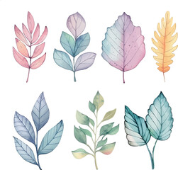 Fototapeta premium Watercolor Vector Leaves Set – Hand Painted Botanical Clipart