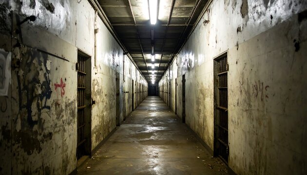 A long, dimly lit corridor in an old, abandoned jail, lined with barred cells and graffiti-covered walls.