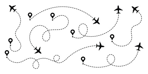 Airplane routes set, Plane route line, Planes dotted flight pathway, Plane paths. Aircraft tracking, planes, travel map pins location pins. Vector illustration on white background