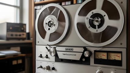 A retro-style reel-to-reel tape recorder with spools turning in an analog audio setup