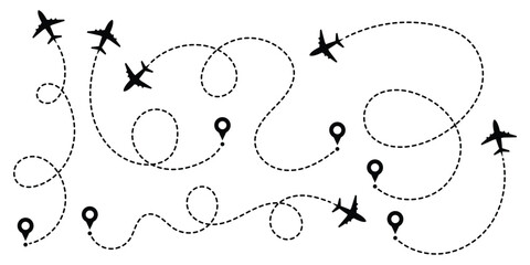 Airplane travel path destination map pins, air plane route icon
