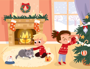 Children on Christmas holidays at home, decorating the Christmas tree, sitting by a fireplace with  a cat and hot chocolate. Family in cozy Christmas living room with decorations. Winter scene