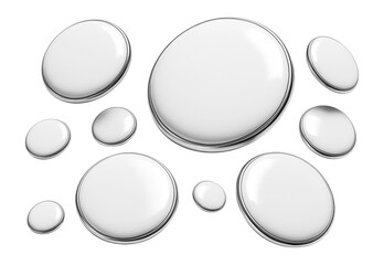 Round blank pin badges and buttons in a 3D rendering.