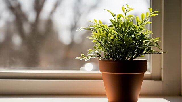 Lush green plant in terracotta pot sits on windowsill, bathed in soft sunlight