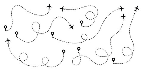 Airplane line path route travel vector concept. Plane routes dotted paths aircraft travel route start and end point, flight destination black airplane. Vector illustration isolated on white background