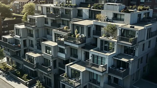 Modern apartment complex with rooftop gardens in urban setting