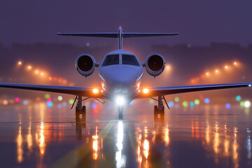 Luxuriöser Privatjet auf beleuchteter Landebahn bei Nacht mit glühenden Runway-Lichtern und dramatischer Atmosphäre