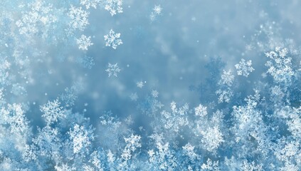 Winter scene of many delicate snowflakes. A soft, light blue backdrop, with numerous intricate, white snowflakes in various sizes. A gentle, diffused light gives a soft, ethereal feel