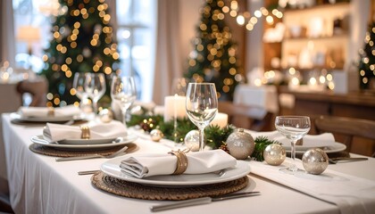 Elegant Holiday Table Setting with White Decor, Christmas Trees, Candles, and Festive Ornaments in a Cozy Dining Room