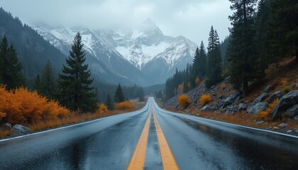 Mountain road under misty autumn sky, rain reflecting on wet asphalt. Snow-capped mountains loom ahead, bordered by pine forests, golden foliage. Captivating, moody atmosphere for adventure, scenic
