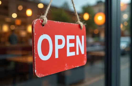 Red open sign hanging on glass door welcomes customers to coffee shop eatery. Sign features white text on distressed red background, inviting people inside. Bokeh lights in background suggest cozy - Powered by Adobe