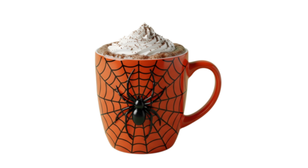 Festive Halloween mug with whipped cream and cinnamon, featuring a spooky spider web design, perfect for autumn celebrations and cozy drinks.