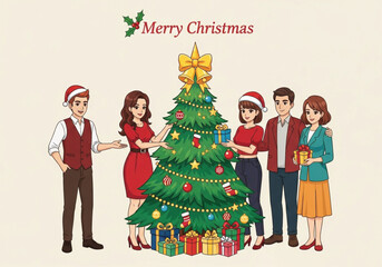 Fototapeta premium A heartwarming illustration of a group of four people, dressed in festive attire, decorating a Christmas tree.