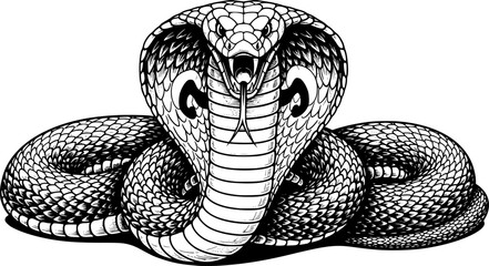 a cobra with its hood extended, black and white, detailed ink drawing, sharp fangs, forked tongue, striking pose, stylized, vector art