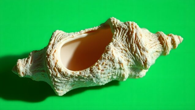A close up shot of a textured seashell with a large opening on a vibrant green colored background
