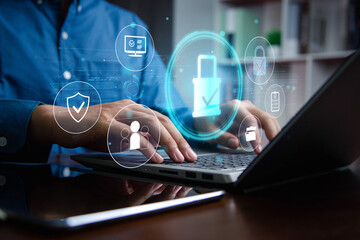Cybersecurity concept with laptop and digital lock icon, data protection, secure access, online privacy, encryption, and information security technology. VPN connections and zero trust security.