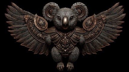 Metallic, detailed koala adorned with ornate, feathered wings, against black background