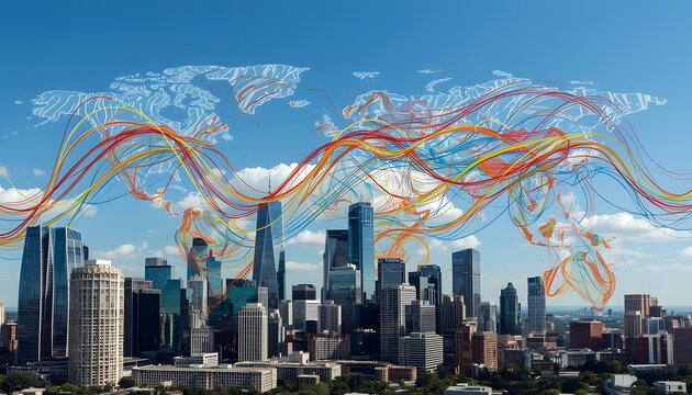 modern urban buildings with world map illustration