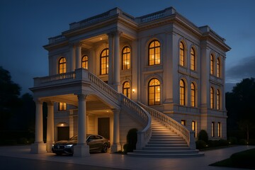 Obraz premium Luxury Modern Villa with Elevated Grand Entrance at Twilight