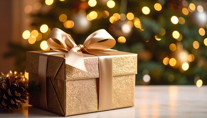 Gold Glitter Gift Box with Ribbon, Pinecone, and Christmas Tree