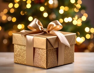 Sparkling Gold Gift Box with Ribbon and Christmas Tree Lights