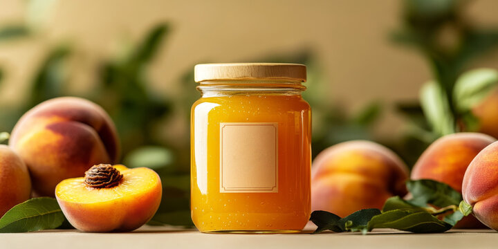 Peach Jam in glass jar with blank label and Fresh Peaches on a table. Homemade Peach Confiture