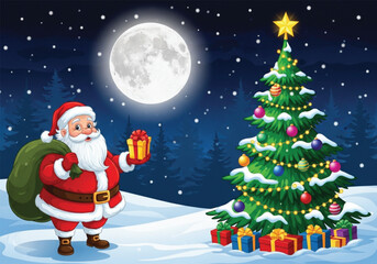 Santa Claus with Gift and Christmas Tree at Night