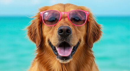 Happy golden retriever wearing pink sunglasses by the ocean on a sunny day