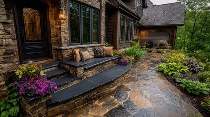 Fototapeta premium Cozy Home Entrance with Stone and Lush Greenery