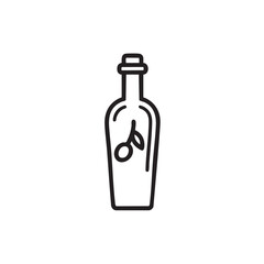 A black and white line drawing of a bottle of olive oil.