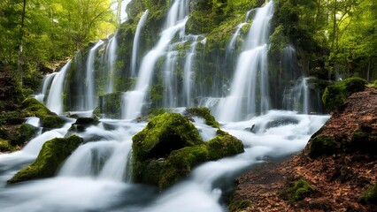 Beautiful flowing water cascading over rocks in a vibrant green forest