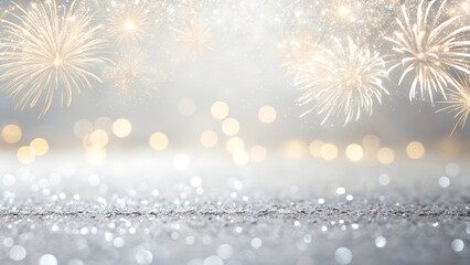 Sparkling Silver Glitter Surface with Golden Fireworks and Bokeh Lights for Celebration