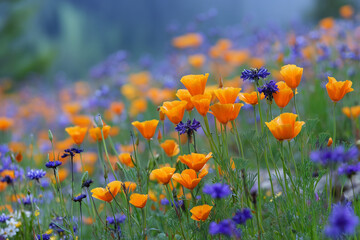 Naklejka premium Poppy Vibrant Orange Poppies and Blue Wildflowers Field