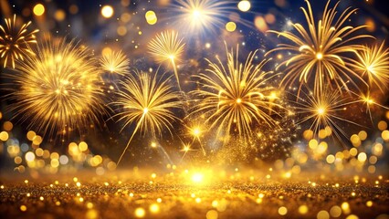 Fototapeta premium Golden fireworks display illuminating the night sky with sparkling lights and bokeh