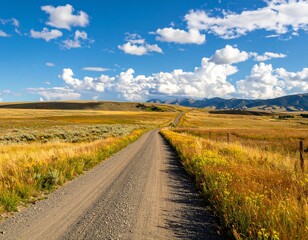 Naklejka premium Scenic country gravel road stretching through a vast golden prairie landscape towards distant mountains under a blue sky.