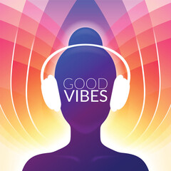 Sound therapy concept. Woman meditates and listens to relaxing music in headphones. Sound bath and sound healing illustration.