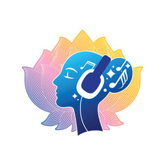 Sound therapy concept. Woman profile with the lotus flower on the background, meditating and listening to relaxing music in headphones. Sound bath and sound healing illustration.