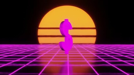 Retro styled 3D render of a dollar sign on a grid, sunset backdrop - Powered by Adobe