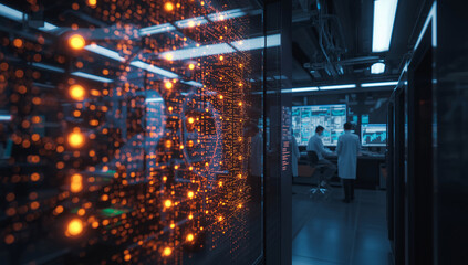 Fototapeta premium A hyper-realistic depiction of a futuristic quantum computer lab with glowing holographic interface and advanced AI processors. Perfect for illustrating future science and technology concepts. 