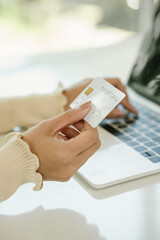 A businesswoman uses her laptop for online banking and e-commerce, managing payments, shopping, and financial transactions in cyberspace, reflecting modern technology, digital security, investment, an