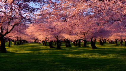 Golden sun setting over an autumnal forest and a green meadow, with a clear sky and distant trees on the horizon