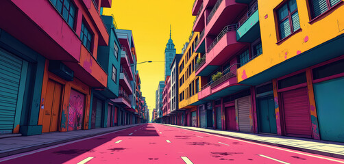 Vibrant urban cityscape illustration with colorful buildings, abstract graffiti creating dynamic views. Artistic, bold city scene enriches urban culture design, featuring pink, yellow, teal