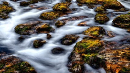 The flowing cascade of a waterfall tumbles over mossy rocks in a vibrant autumn forest landscape
