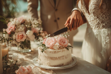 Bride and groom cutting wedding cake, bride in white dress, couple holding knife