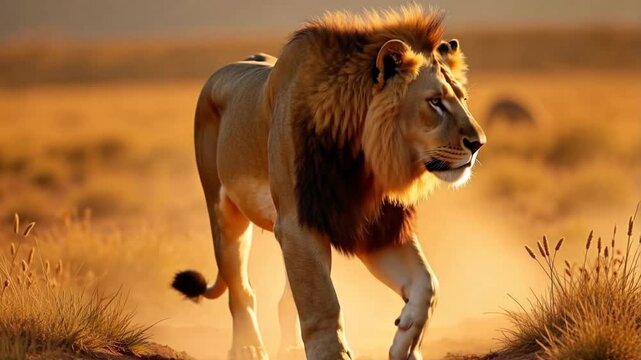 Majestic lion walking slowly across the African savanna, bathed in warm sunlight, creating a powerful, evocative scene of the wild.