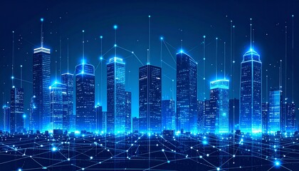 Futuristic smart city skyline with glowing blue neon lights and a digital network overlay representing global connectivity and data